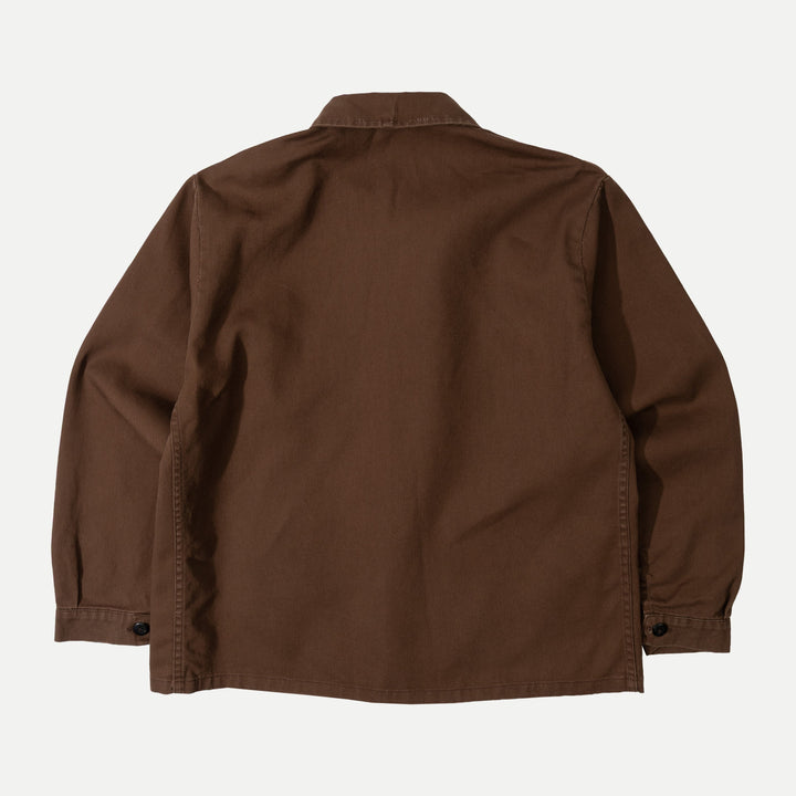 Men's brown utility jacket with button front and four patch pockets