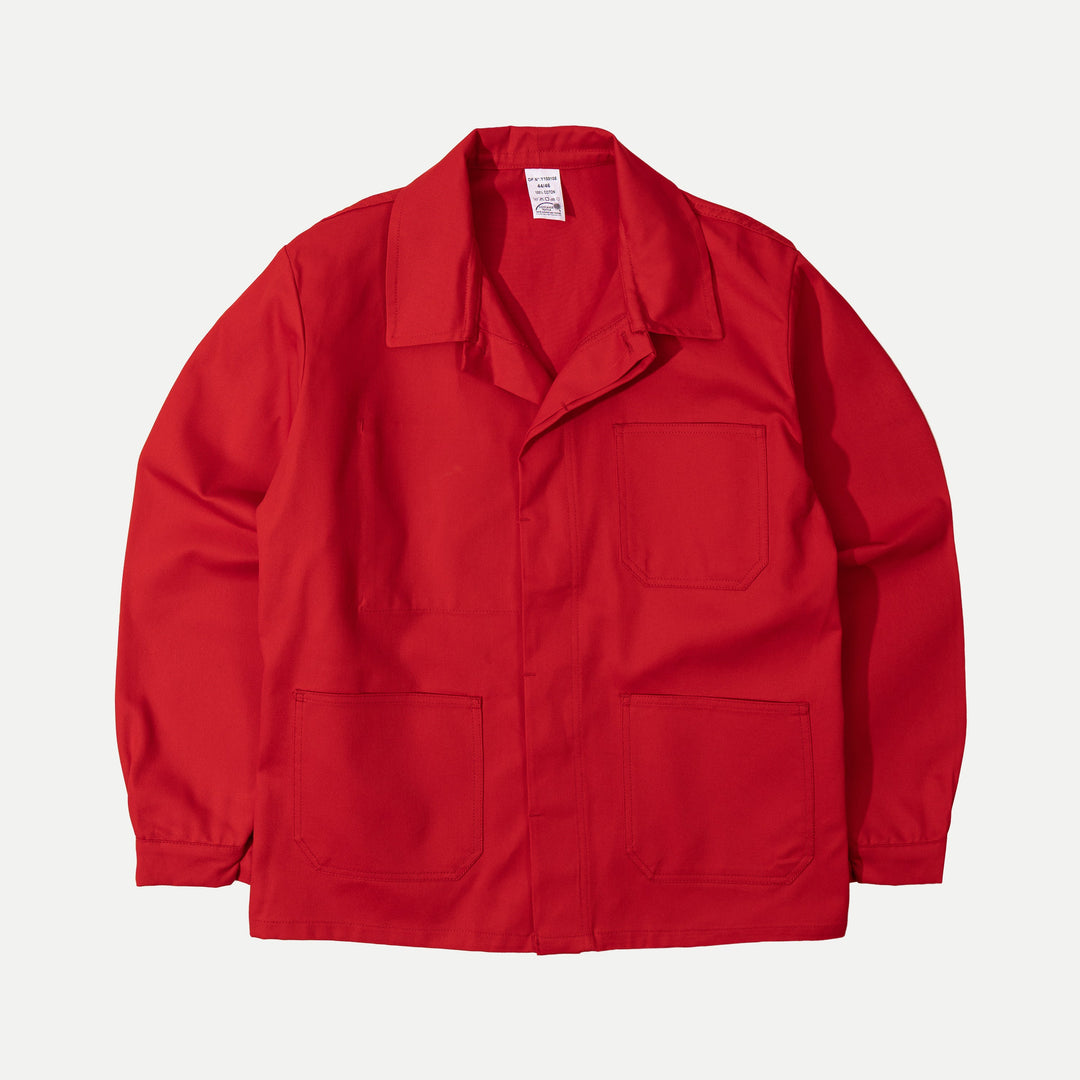 Men's red utility jacket with collar and patch pockets