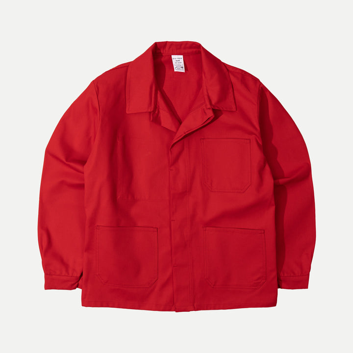 Men's red utility jacket with collar and patch pockets