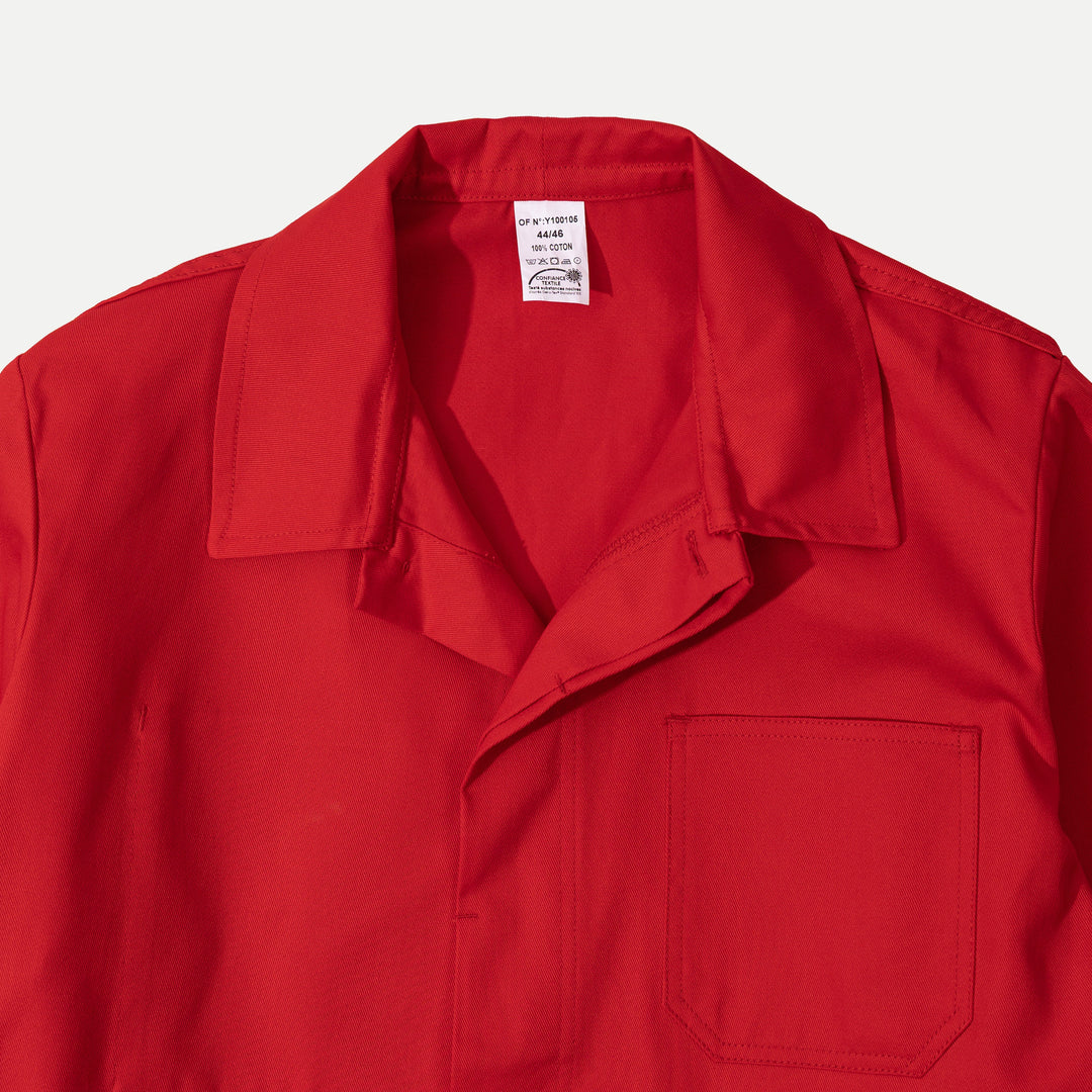 Men's red utility jacket with collar and patch pockets
