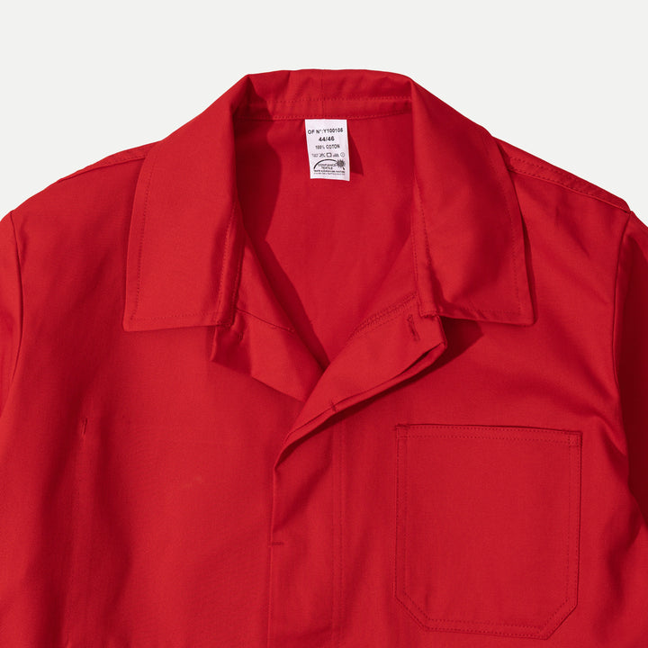 Men's red utility jacket with collar and patch pockets