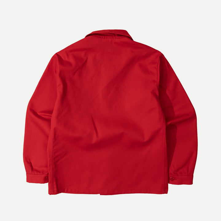 Men's red utility jacket with collar and patch pockets