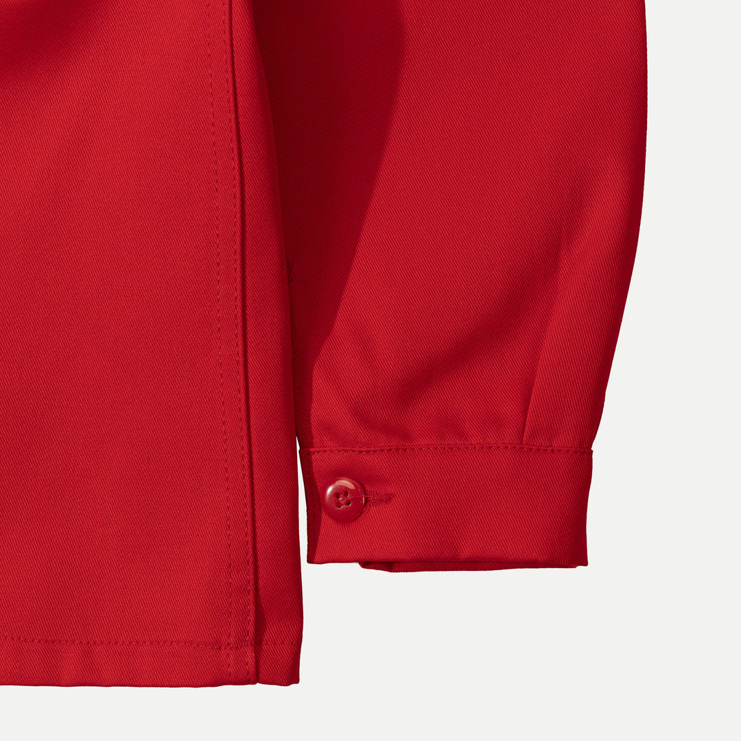 Men's red utility jacket with collar and patch pockets