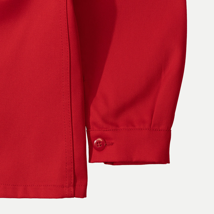 Men's red utility jacket with collar and patch pockets