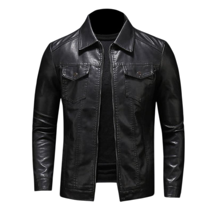 Men's black collared jacket with long sleeves, zip front and flap chest pockets