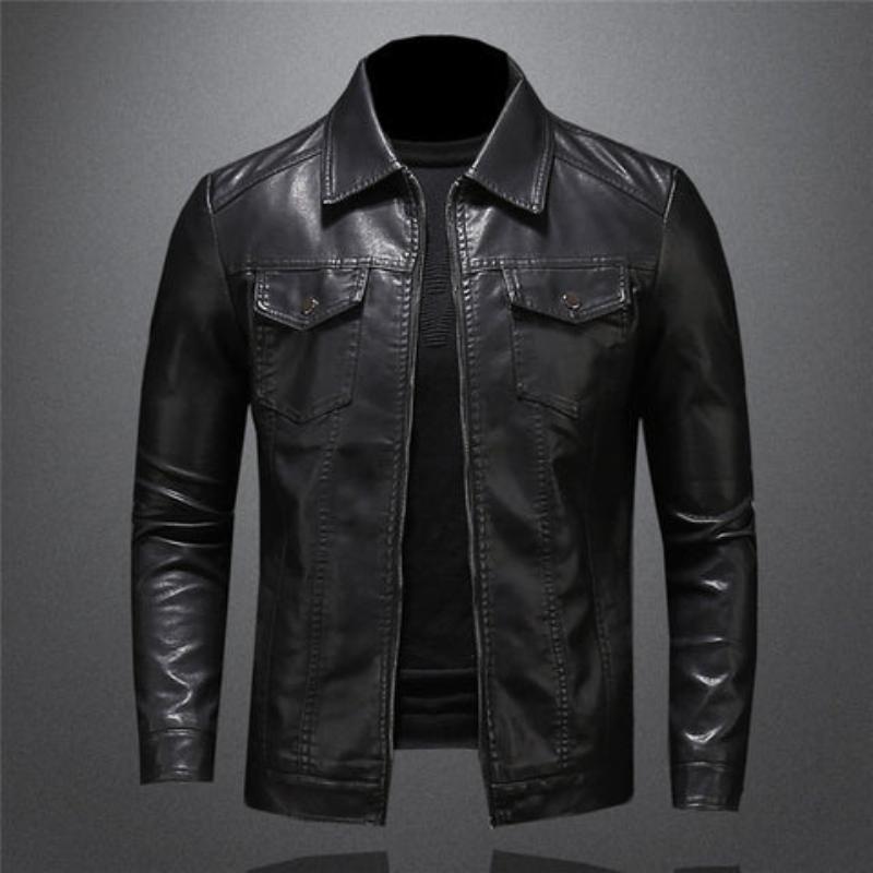 Men's black collared jacket with long sleeves, zip front and flap chest pockets