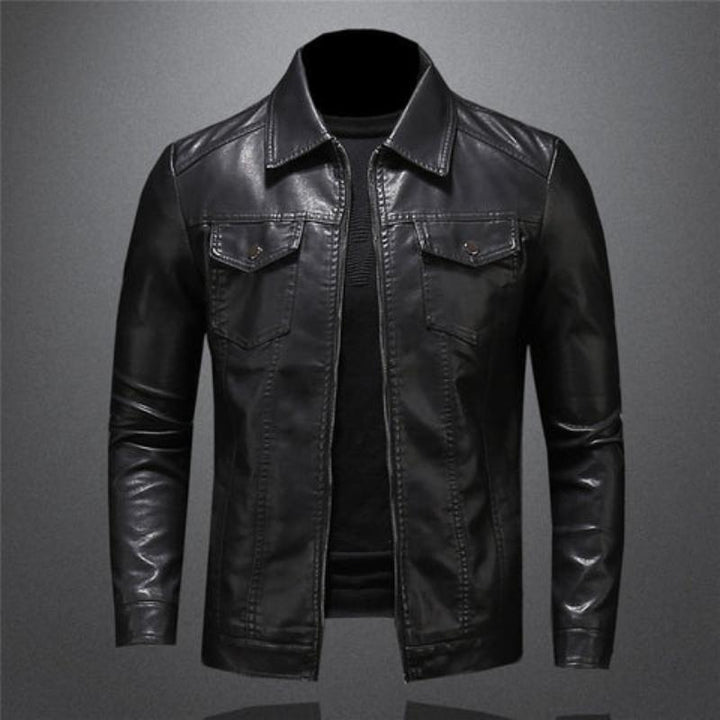 Men's black collared jacket with long sleeves, zip front and flap chest pockets