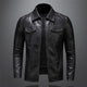Men's black collared jacket with long sleeves, zip front and flap chest pockets