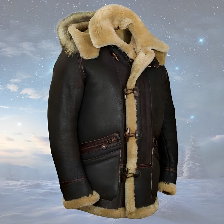 Men's dark brown hooded aviator jacket with tan shearling trim and front buckles