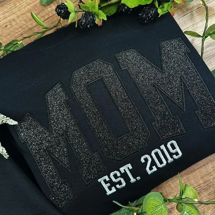 Black graphic Mom sweatshirt with raised lettering
