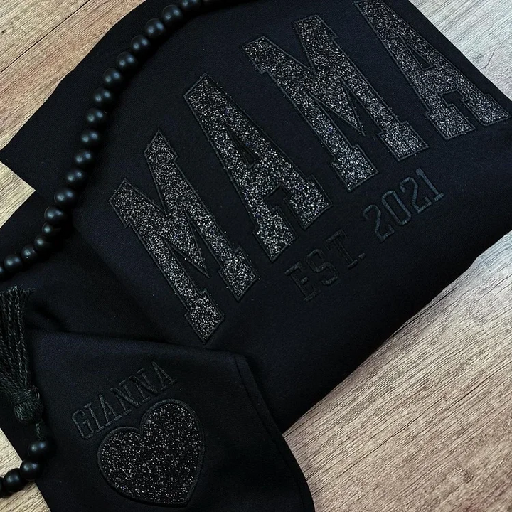 Black graphic Mom sweatshirt with raised lettering