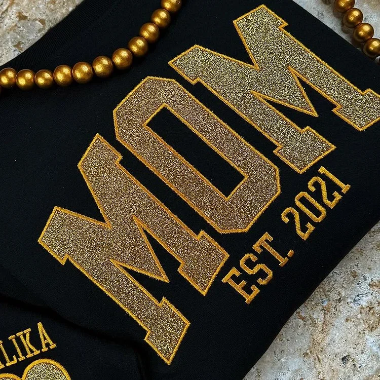Black graphic Mom sweatshirt with raised lettering