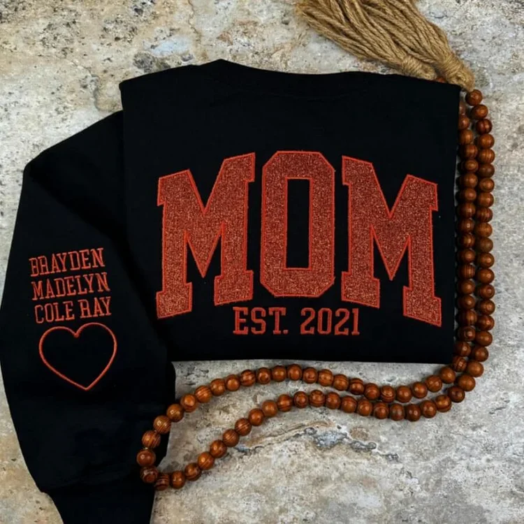Black graphic Mom sweatshirt with raised lettering