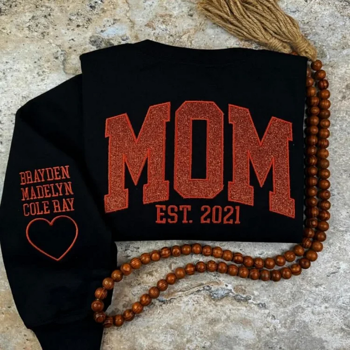 Black graphic Mom sweatshirt with raised lettering