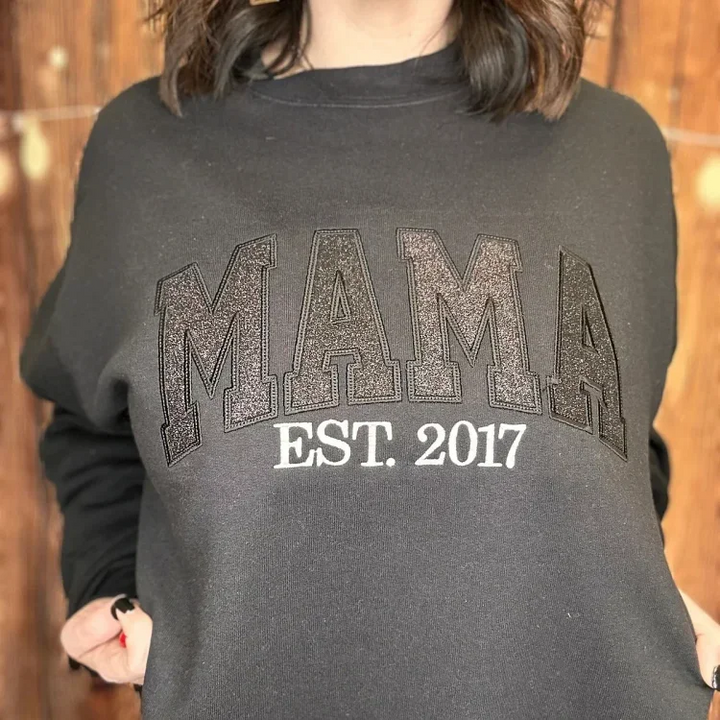 Black graphic Mom sweatshirt with raised lettering
