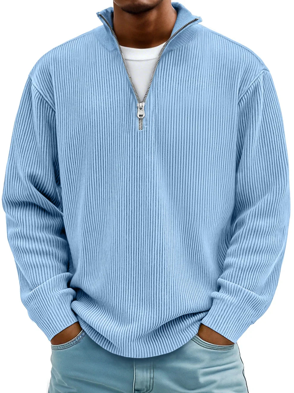Men's ribbed half-zip sweater with mock neck and long sleeves