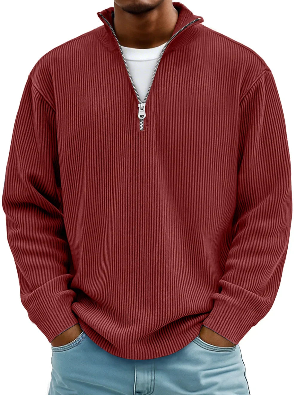 Men's ribbed half-zip sweater with mock neck and long sleeves