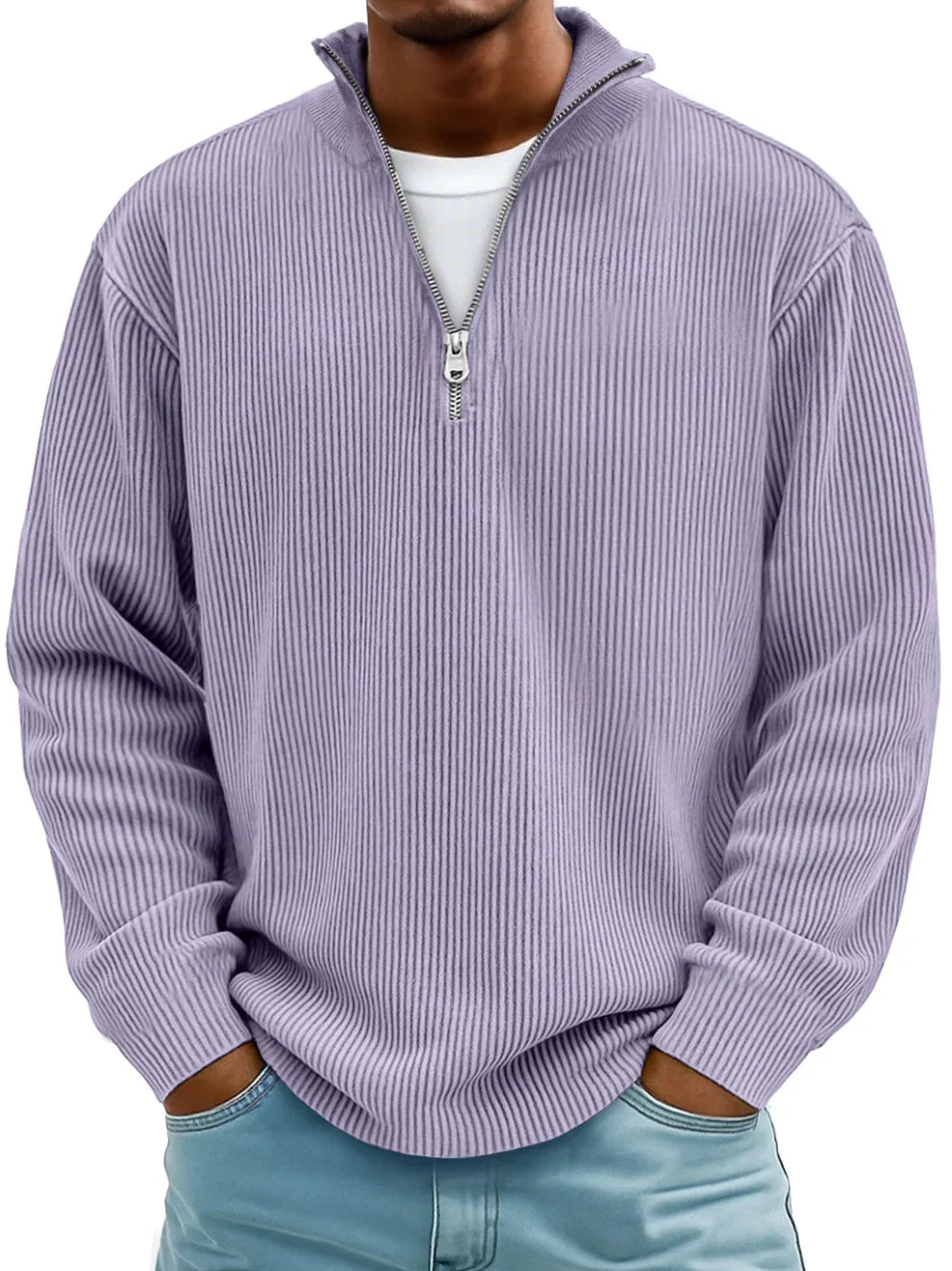 Men's ribbed half-zip sweater with mock neck and long sleeves