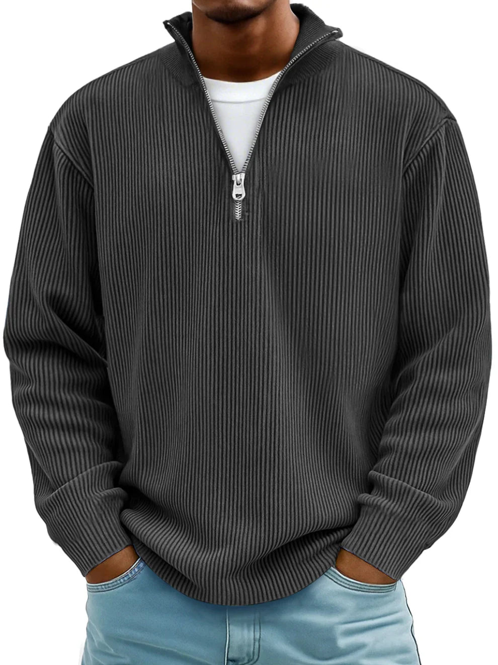 Men's ribbed half-zip sweater with mock neck and long sleeves