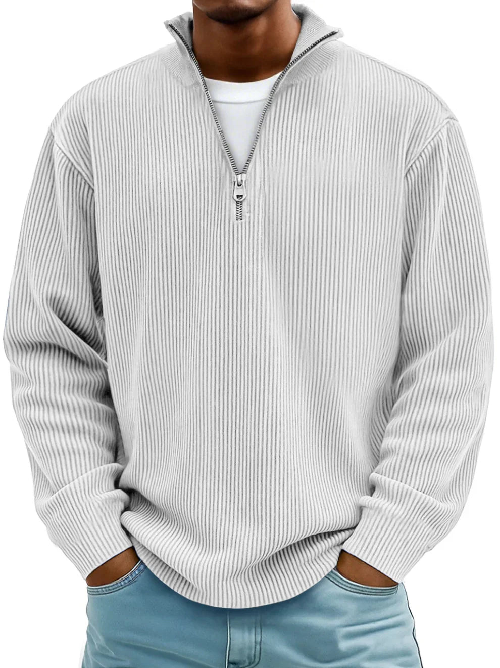 Men's ribbed half-zip sweater with mock neck and long sleeves