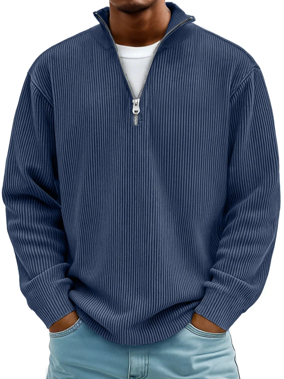 Men's ribbed half-zip sweater with mock neck and long sleeves
