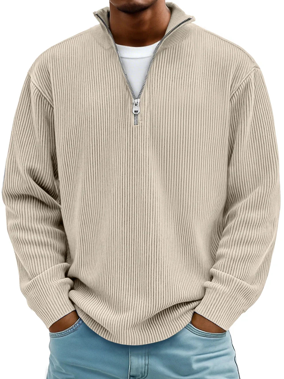 Men's ribbed half-zip sweater with mock neck and long sleeves