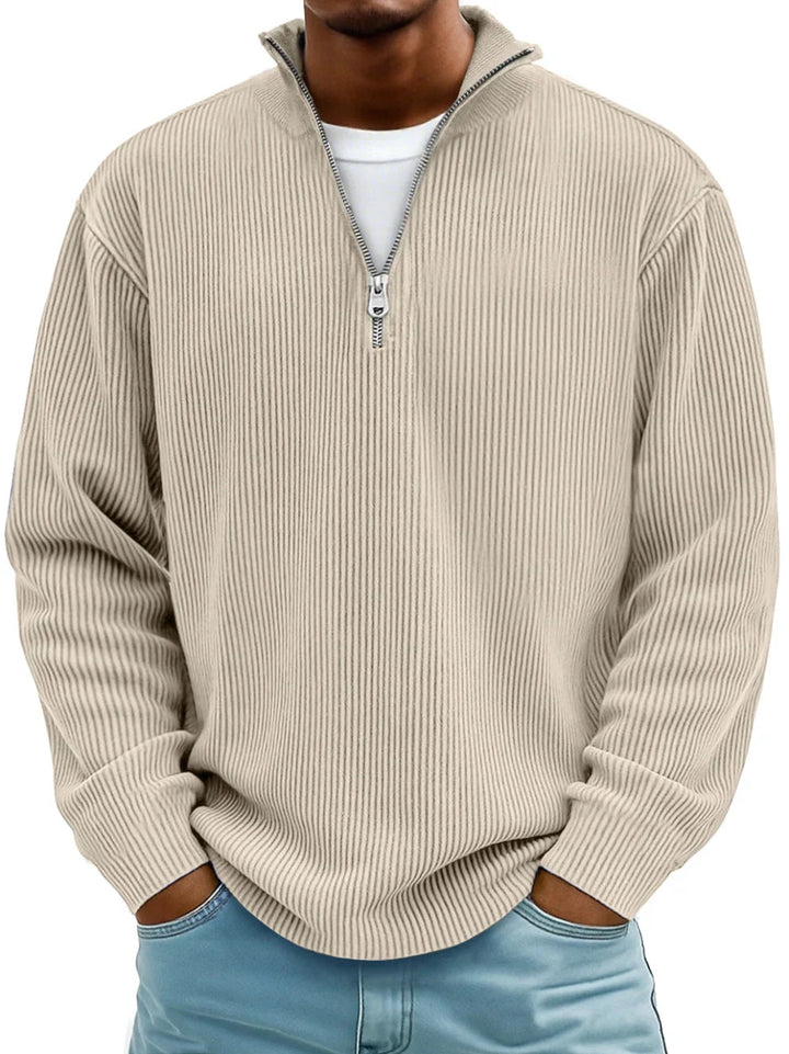 Men's ribbed half-zip sweater with mock neck and long sleeves