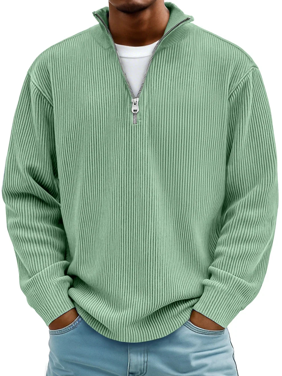 Men's ribbed half-zip sweater with mock neck and long sleeves