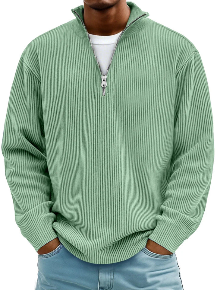 Men's ribbed half-zip sweater with mock neck and long sleeves