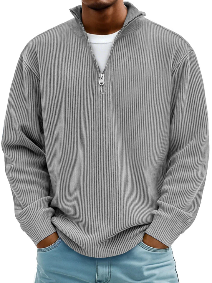 Men's ribbed half-zip sweater with mock neck and long sleeves