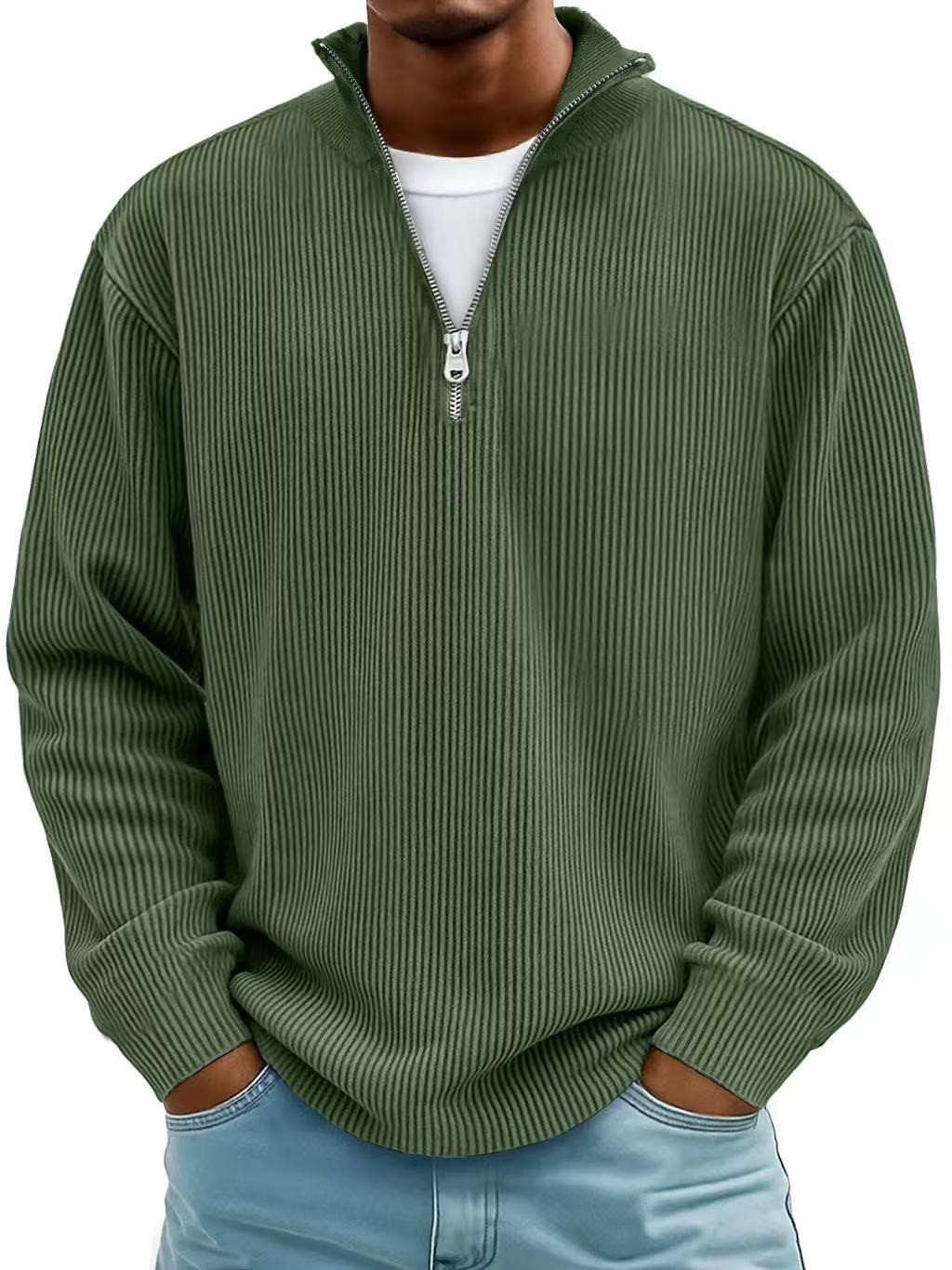 Men's ribbed half-zip sweater with mock neck and long sleeves