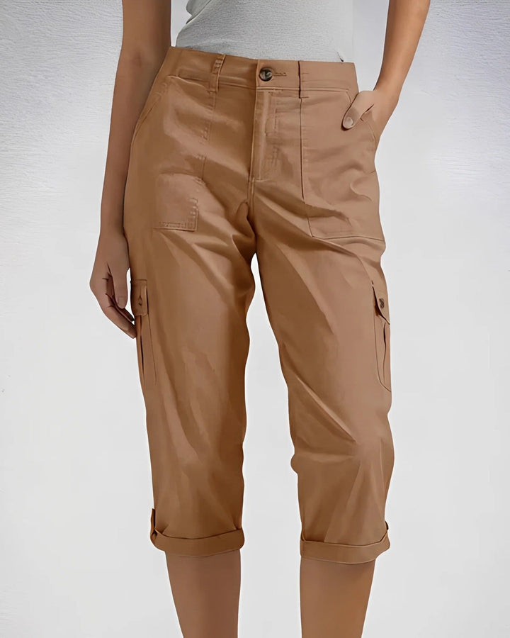 Women's cropped cargo trousers with cuffed hems and multiple pockets