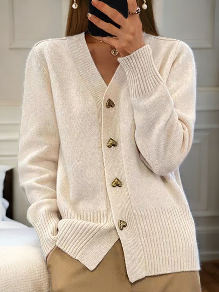 Women's V-neck cardigan with heart-shaped gold-tone buttons and ribbed trims