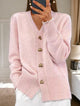 Women's V-neck cardigan with heart-shaped gold-tone buttons and ribbed trims