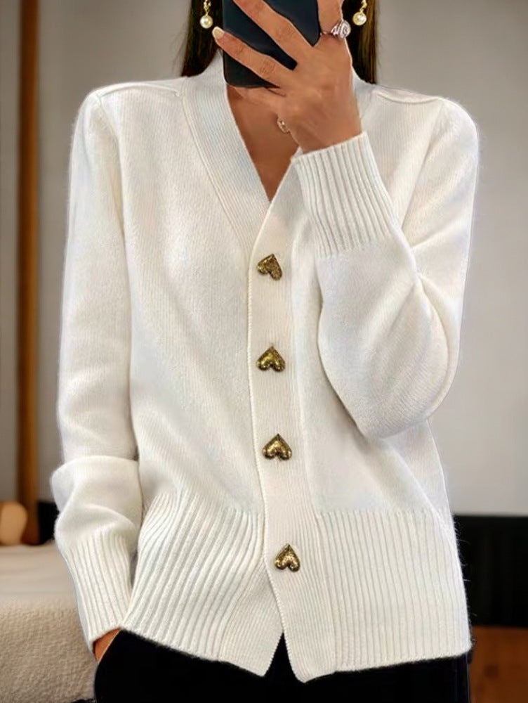 Women's V-neck cardigan with heart-shaped gold-tone buttons and ribbed trims