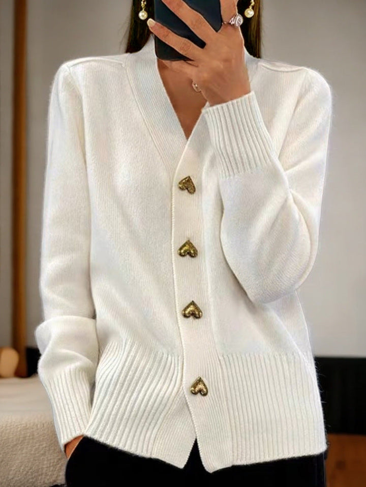 Women's V-neck cardigan with heart-shaped gold-tone buttons and ribbed trims