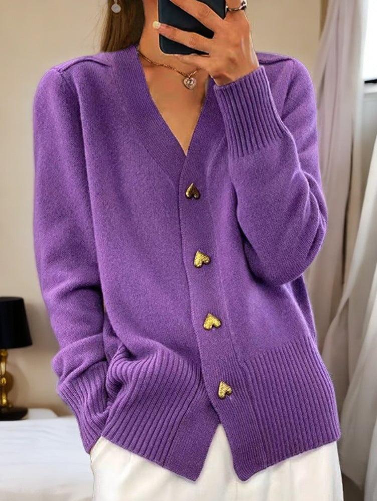Women's V-neck cardigan with heart-shaped gold-tone buttons and ribbed trims