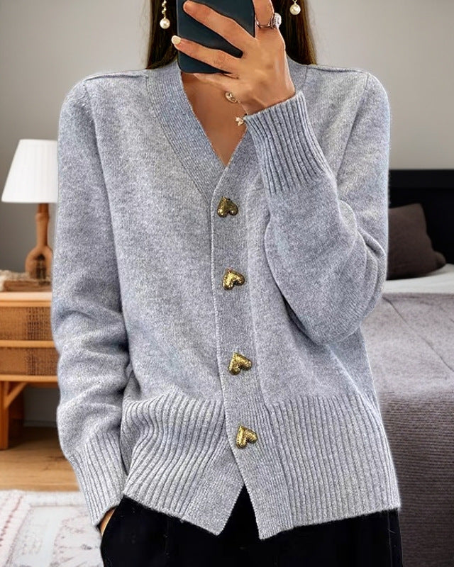 Women's V-neck cardigan with heart-shaped gold-tone buttons and ribbed trims