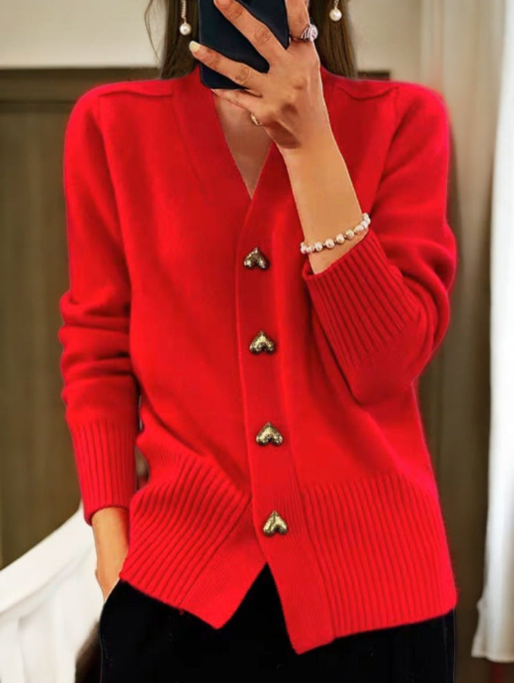 Women's V-neck cardigan with heart-shaped gold-tone buttons and ribbed trims