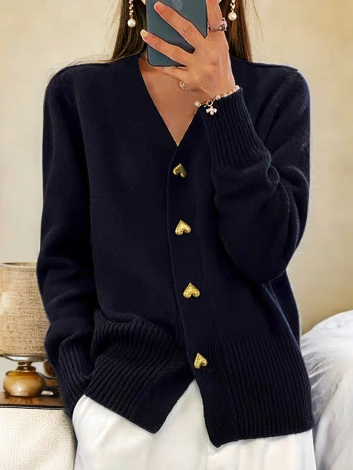Women's V-neck cardigan with heart-shaped gold-tone buttons and ribbed trims