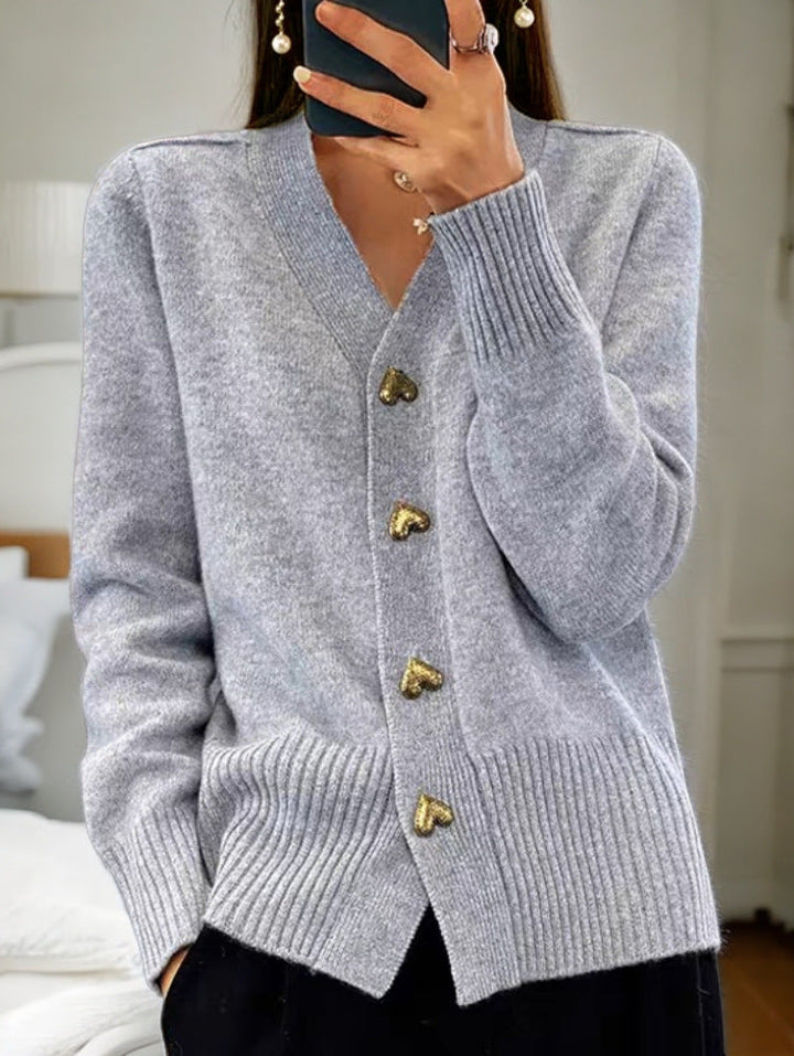 Women's V-neck cardigan with heart-shaped gold-tone buttons and ribbed trims