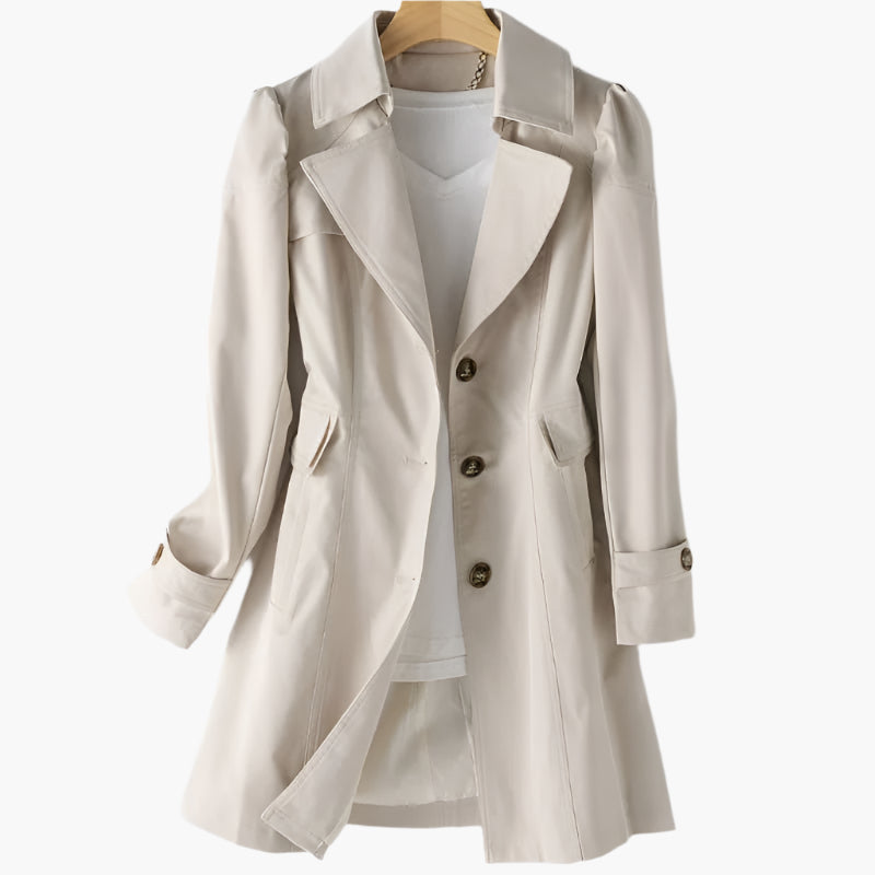 Women's long trench coat with notched lapels and button front