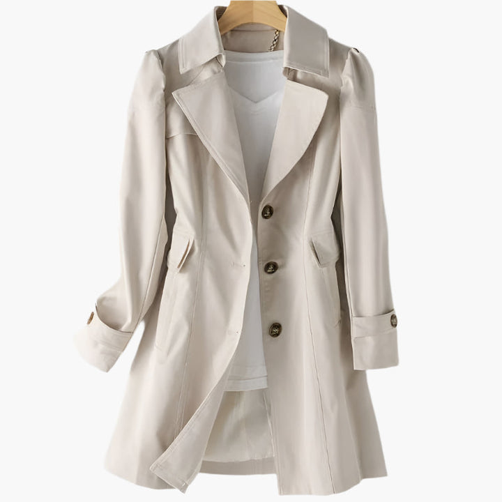 Women's long trench coat with notched lapels and button front