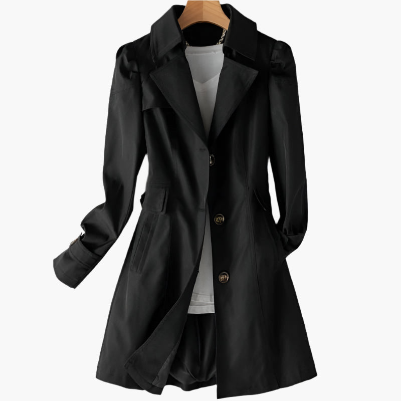 Women's long trench coat with notched lapels and button front