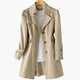 Women's long trench coat with notched lapels and button front