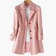 Women's long trench coat with notched lapels and button front