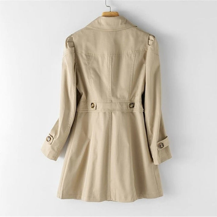 Women's long trench coat with notched lapels and button front