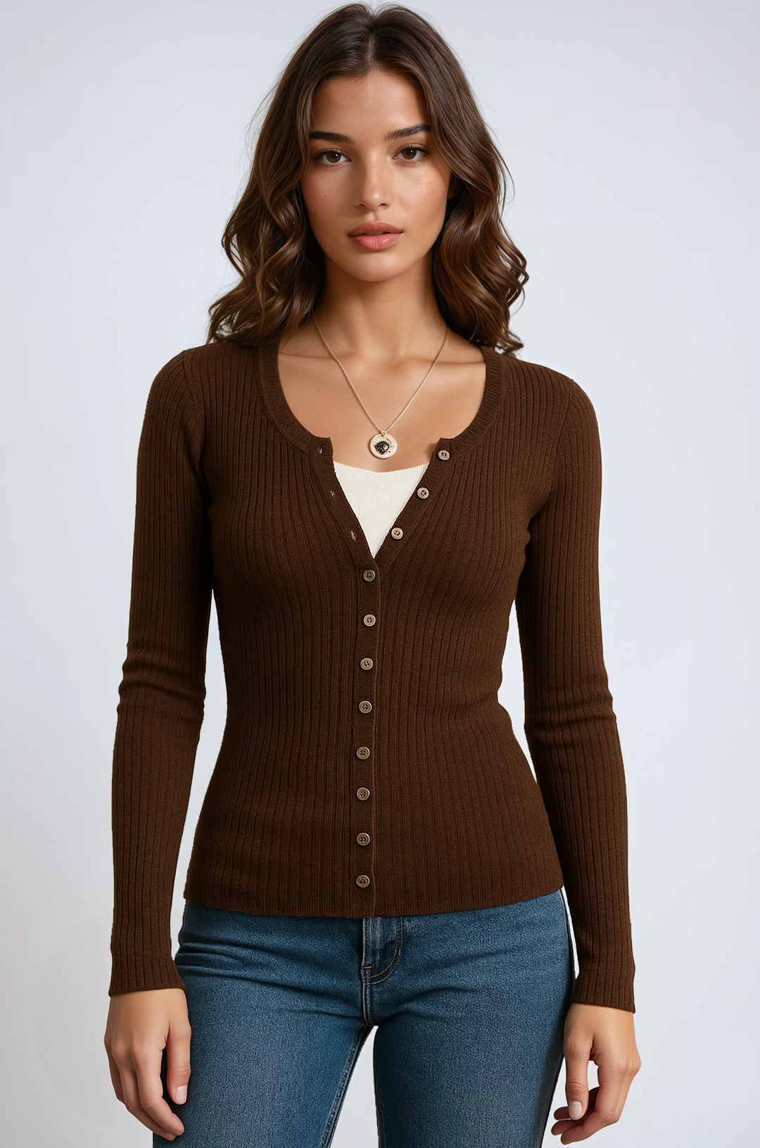 Women's ribbed knit top with long sleeves and button front