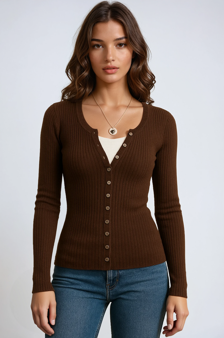 Women's ribbed knit top with long sleeves and button front