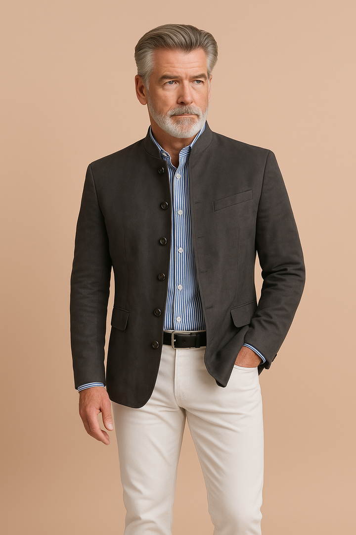 Men's formal long-sleeve blazer with mandarin collar, button front and flap pockets